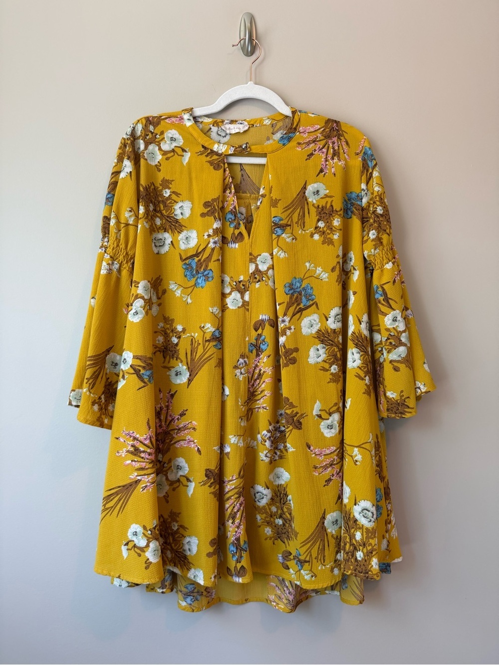 Altar'd State Bell Sleeve Mini Dress Size S | Mustard Yellow Floral VGUC